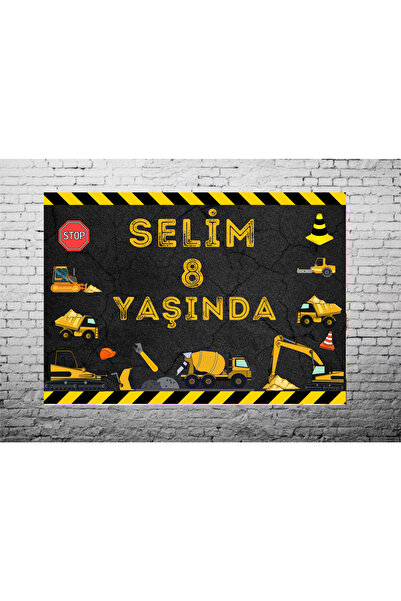 Home Kişiye Özel İş Makineleri Temalı Doğum Günü Afişi İnşaat Araçları 100x70 cm