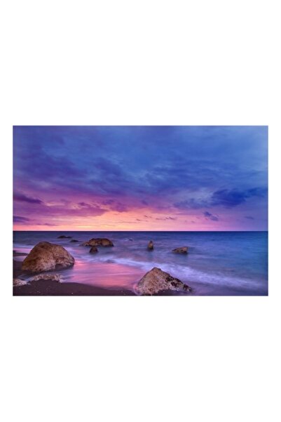 OEM Tablou Canvas, 'Răsărit violet pe țărmul stâncos', Cer, Apus, Nori, Apă, Pietre, Valuri, Lumin