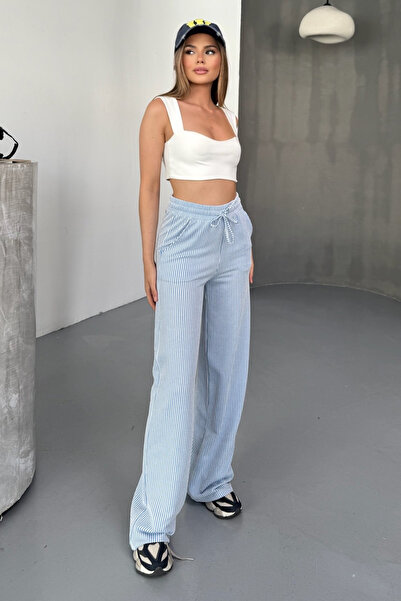 Dolcha Stria Kadın Çizgili Lastikli Bol Paça Mavi Pantolon – Yazlık Rahat Stil ve Günlük Şıklık