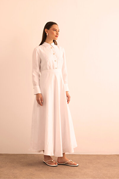 Aker Beyaz Keten Elbise