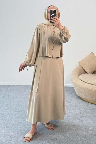 Hatun Atila Double Breasted Shirt with Gathered Sleeves Ribbed Belt and Floor-Length Skirt Set 8875 - Beige