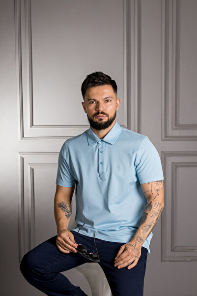 Sarar Tricou albastru 100% bumbac cu gât polo, croiala normală (model clasic).