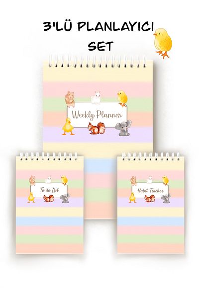 Handeto Kraft Cute Animals 3-Piece English Planner, Weekly Planner, Habit Tracker, Daily Planner