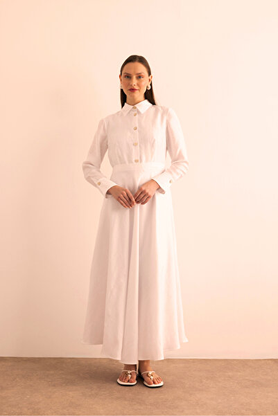 Aker Beyaz Keten Elbise