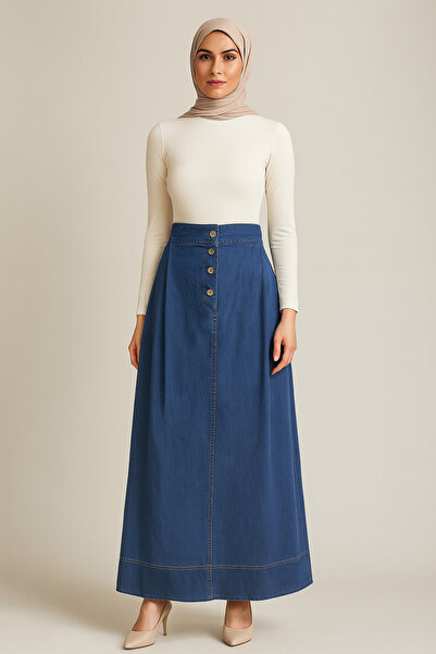 Doque 52003 ÖNÜ DÜĞMELİ CEP DETAYLI ÖNÜ BÜZGÜLÜ ETEK UCU DİKİŞ DETAYLI KOT ETEK #03-25#