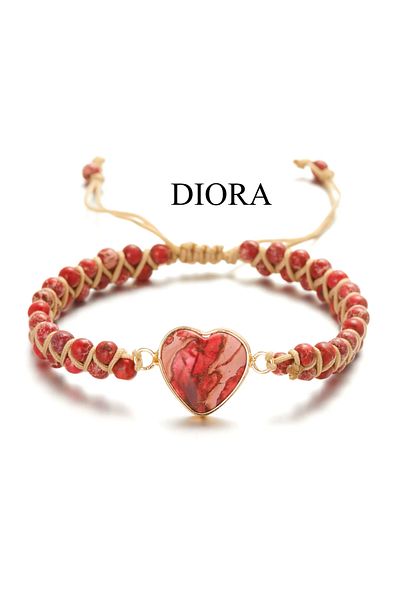 Belora Brățară energetică cu chakra dublă a inimii, lucrată manual, piatră, reglabilă, Diora, roșie