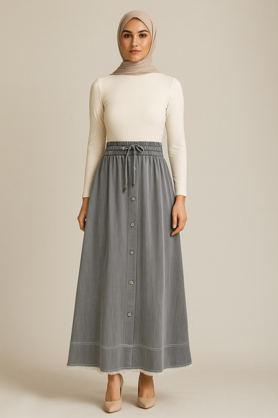 Doque 52006 BELİ LASTİKLİ ÖNÜ ETEK UCUNA KADAR DÜĞMELİ BELİ BAĞLAMALI FERMUAR CEPLİ KOT ETEK #03-25#