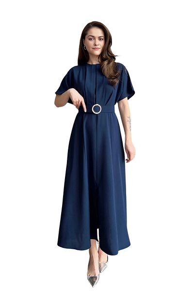 Modasultan Crew Neck Pleated Bat Sleeve Belted Front Slit Midi Dress