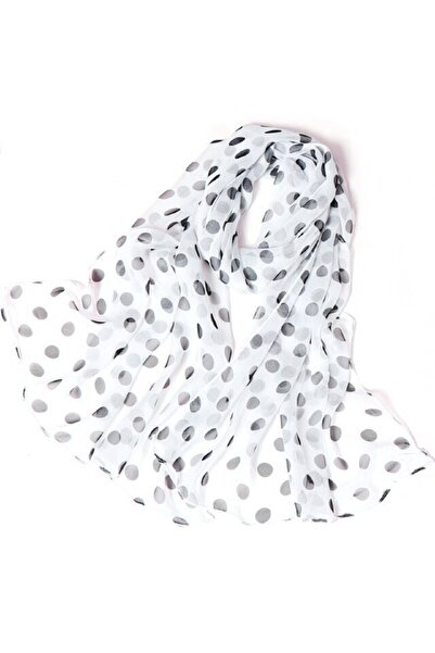 OEM Eșarfă mare de damă, elegantă, poliester, buline negre și gri, 50x160 cm, albă