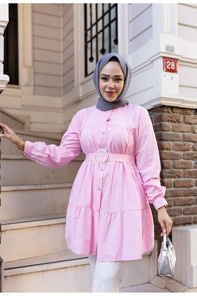 Hb Harma Time Butik Women's Buttoned Belt Detailed Pink Shirt