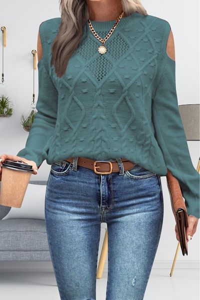hanope Women's Crew Neck Mesh Detailed Hair Braid Execution Patterned Shoulder Detailed Mint Knitwear Sweater