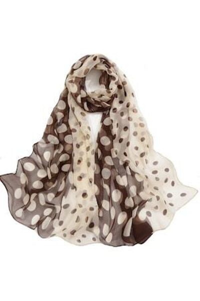 OEM Large Women's Scarf, Elegant, Polyester, Light Yellow with Brown Polka Dots, 50x160 cm