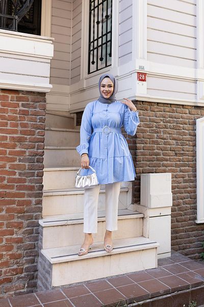 Hb Harma Time Butik Women's Buttoned Belt Detailed Blue Shirt