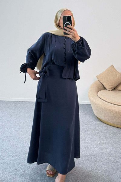 Hatun Atila Double Breasted Shirt with Gathered Sleeves Ribbed Belt and Floor-Length Skirt Set 8875 - Navy Blue