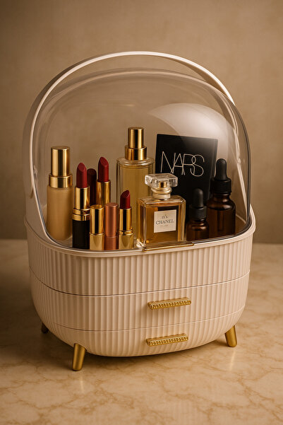 MAKRİ HOME Krem Renk Kapaklı Makyaj Organizeri–3 Katlı, Şeffaf Kubbeli, Çekmeceli ve Taşınabilir Düzenleyici