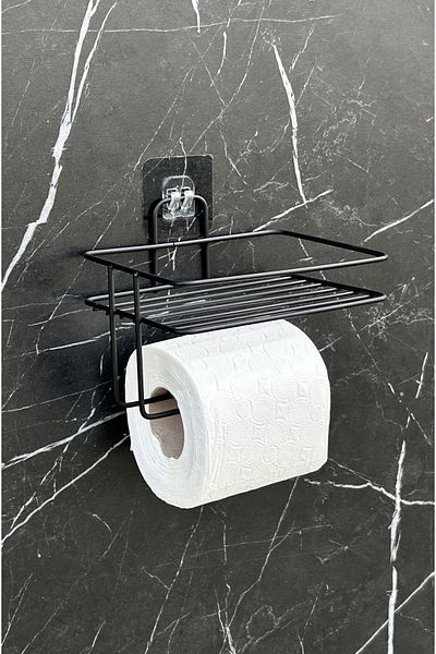 evina Adhesive Toilet Paper Holder Hanger Matte Black Metal Toilet Paper Holder