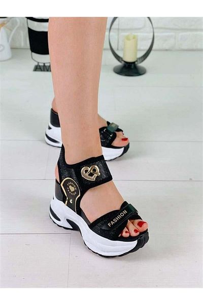 NUA Shinewalk Black Velcro 10 cm High Heel Women's Sandals