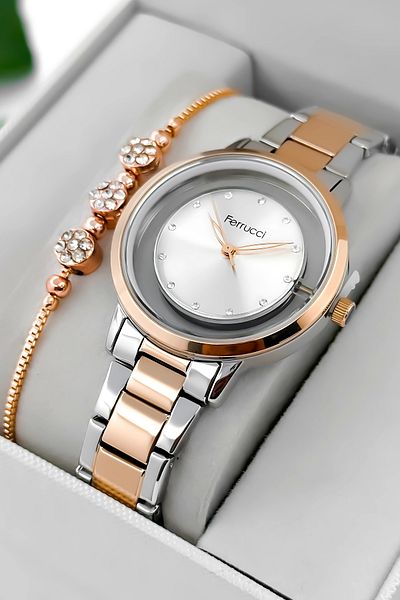 Ferrucci Steel Cord Steel Case Women Wrist Watch, Transparent Back Glass Cover Rose-Silver Zmfer198