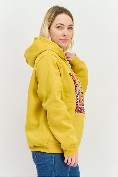 Buzz Women Hood With Drawstring Long Sleeve Graphic Print Sweatshirts, Mustard Yellow