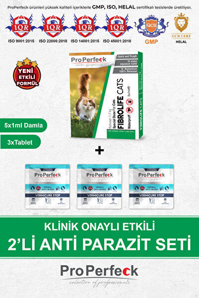 pro perfeck 2'li Set Kedi Iç Dış Anti Parazit Tüm Kediler Için Bitkisel 5 Damla Ve 3 Tablet Paketi