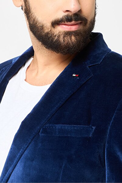 Tommy Hilfiger Men Tailored Fit Brand Logo Velvet Formal Blazer, Navy