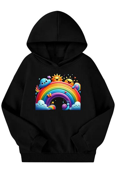 Sweetline Hanorac unisex negru pentru copii cu glugă – țesătură groasă imprimată GOKKUSAGI