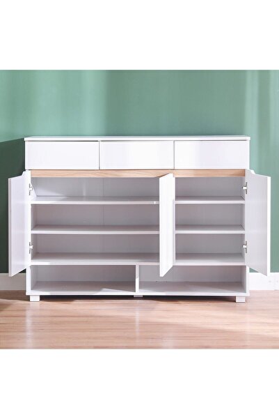 Danube Home Bill 3-Door & 3-Drawer Shoe Cabinet - Chic White/Oak, Stylish Storage for 22 Pairs, 120x40x90cm