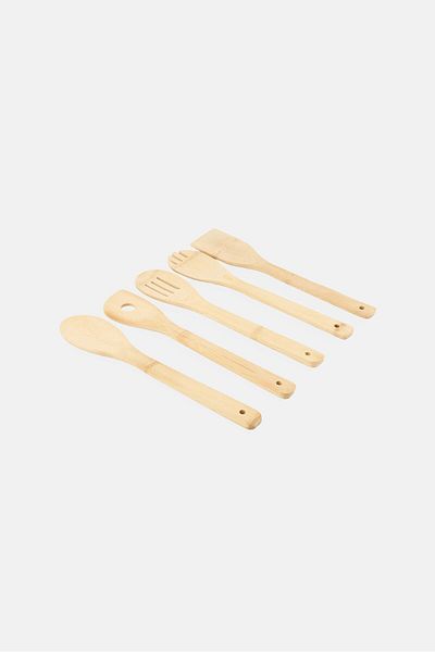 YOTO 5 Pcs Wood Bsmboo Utensils Set With Holder, Brown
