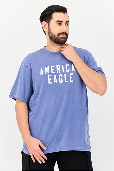 AMERICAN EAGLE Men Crew Neck Short Sleeves Brand Logo T-Shirt, Slate Blue