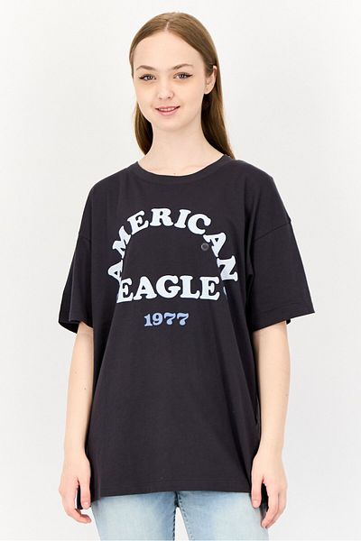 AMERICAN EAGLE Women Crew Neck Short Sleeves Brand Logo T-Shirts, Charcoal Grey