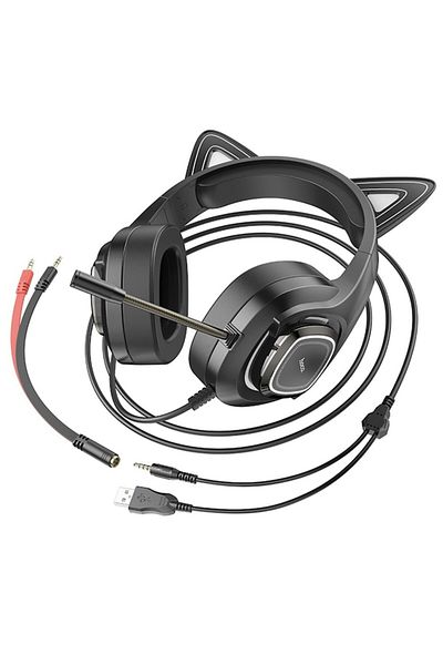 Dali W107 Wired Headphones with Cat Ear Design, Multicolored LEDs, Black, 2m Cable