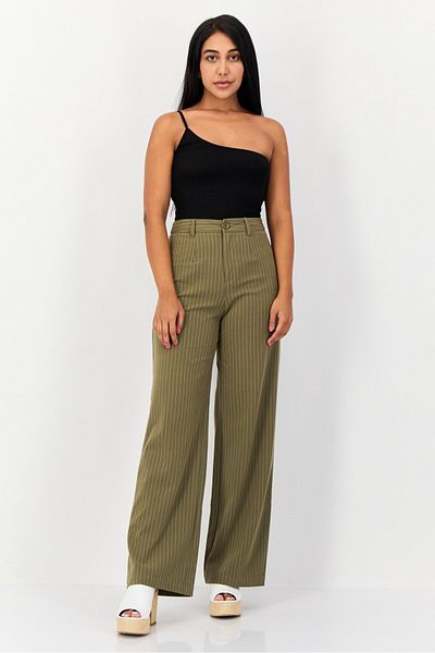 Don't Call Me Jennyfer Women Regular Fit Stripe Wide Leg Pants, Olive