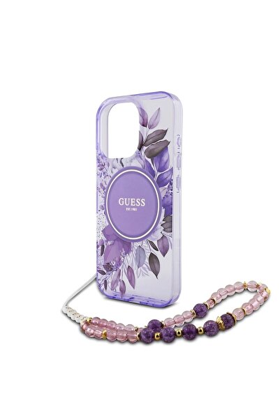 Guess Carcasă de protecție compatibilă cu Apple iPhone 16 Pro, IML Flowers, curea din perle, silicon, violet