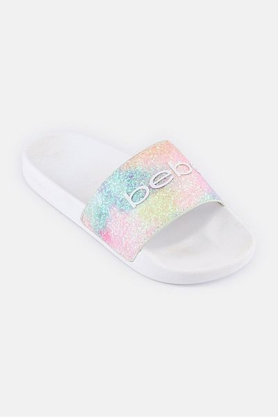 Bebe Women Glitters Slip On Slides, White
