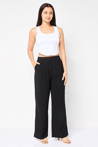 Koton Women Regular Fit Wide Leg Solid Pants, Black