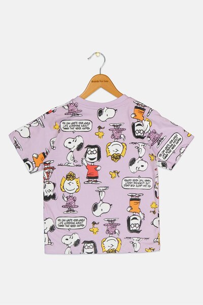PEANUTS Kids Girl Crew Neck Short Sleeve Allover Print Top, Multicolor