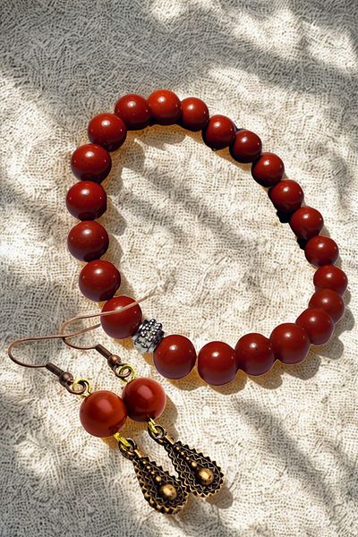 ayrestyle Red Jasper Natural Stone 2-Piece Jewelry Set - Earrings and Bracelet - Zamak Plated