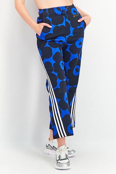 adidas Women Sportswear Fit Allover Print Fleece Pants, Blue/Black