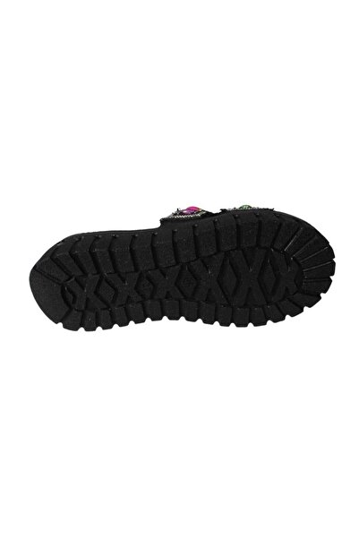 Yaz Kış Ayakkabı Yazkiş Women's Black Skin Tasseled Colorful Beaded 5cm Comfortable Sole Slippers