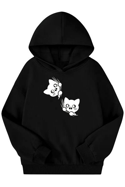 Sweetline Unisex Black Children's Hooded Sweatshirt – Cat Printed, Thick Fabric with Hood