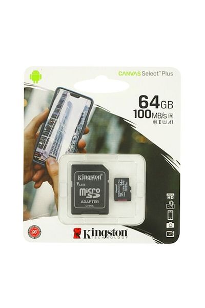 Kingston Micro-SD Memory Card, 64GB, Class 10/UHS-1, Canvas Select Plus, Black