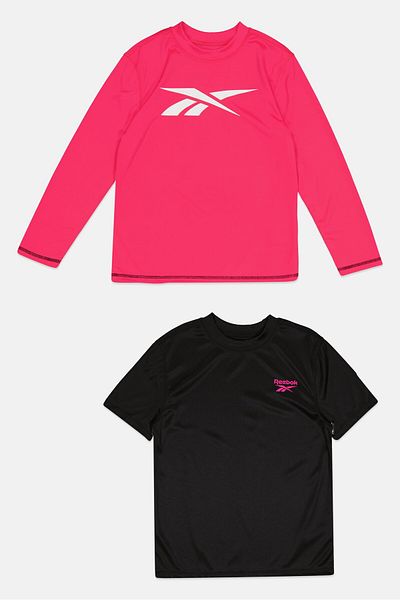 Reebok ملابس سباحة للبنات من قطعتين بشعار العلامة التجارية، أسود/وردي