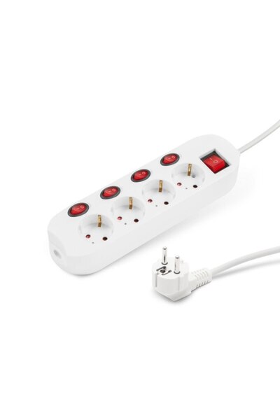 Dali Prelungitor cu 4 prize, 5 butoane pornit/oprit, ștecher de 90 de grade, conector CEE 7/7, 10/16A, 250V, 50