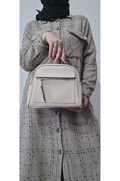 glowfit Women's Cream Kango Model Leather 3 Compartment Adjustable Strap Hand and Shoulder Bag