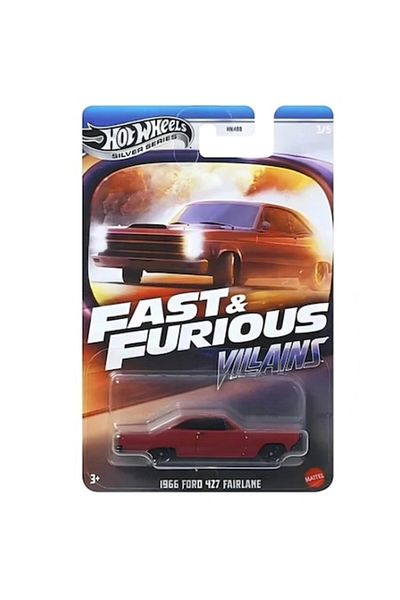 HOT WHEELS Mașină metalică, Ford 427 Fairlane din 1966, Personajul negativ Fast and Furious, 1:64, Roșu, Argintiu Seria 20