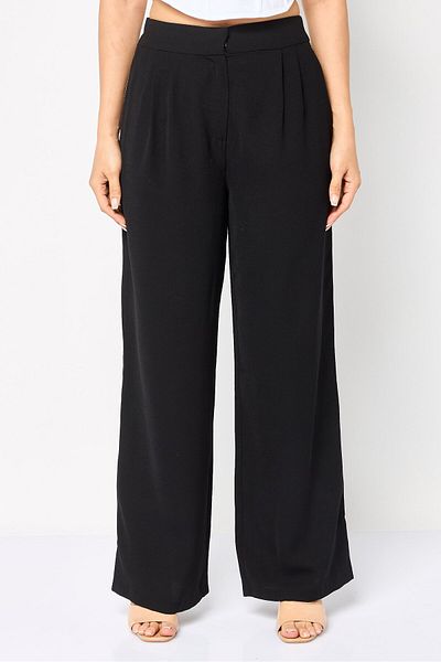 Koton Women Regular Fit Wide Leg Solid Pants, Black