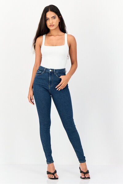 Cropp Women Regular Fit High Waist Washed Stretchable Denim Jeans, Blue