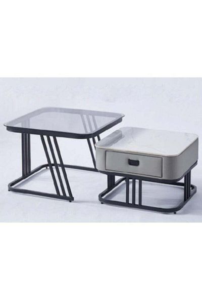 Türkiye Contemporary 2-Piece Nesting Coffee Table Set With Glass & Grey Marble Finish - 70X44 CM - 60X38 CM