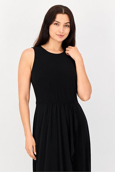 LONDON TIMES Women Plain Midi Casual Dress, Black