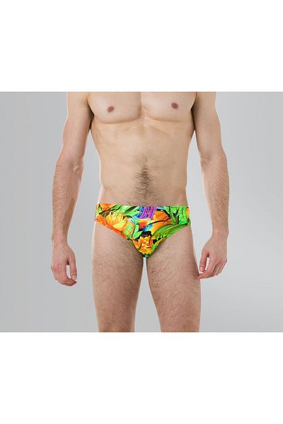 SPEEDO Men Digi Flipturns Funk Burst Allover Brief, Orange and and Green Combo